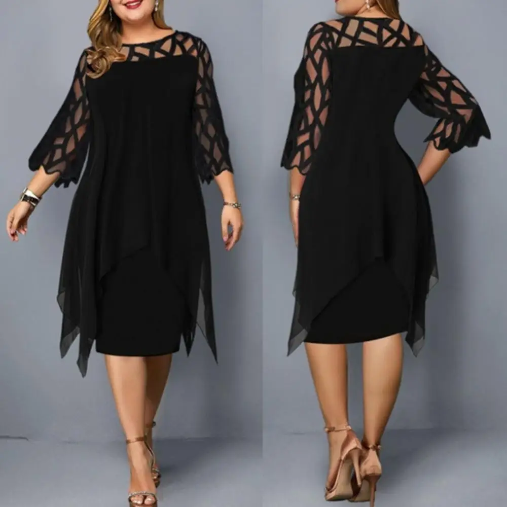 

O Neck Women Casual Dress See Through 3/4 Sleeve Fake Two Piece Irregular Hem Knee-length Dresses Female Party dress