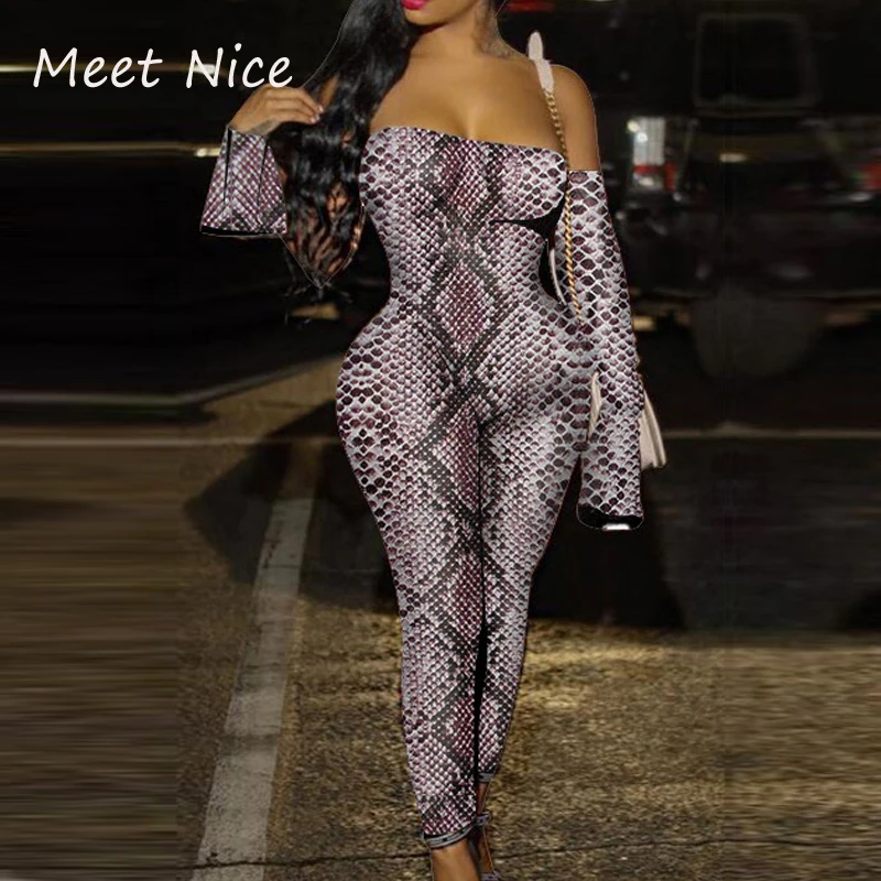 

Party Jumpsuits Romper Outfits Sheer-Mesh Long-Sleeve Leopard Print Long Jumpsuit Sexy Off-Shoulder Slash Neck Skinny Rompers