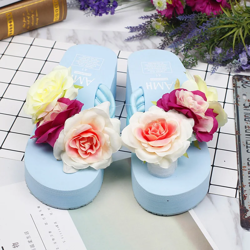 Low Price Fashion Handmade Women Summer Sandals Flip Flops Platform Wedges Shoes Outside Beach Slides High Heel Big Rose Floral | Обувь