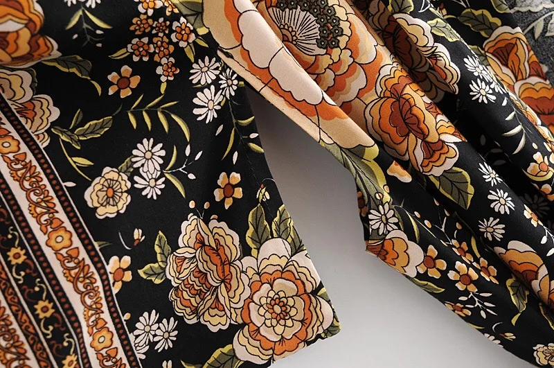 

Bohemia V neck Orange Flower Print Long Kimono Shirt Black Ethnic Women Lacing up Bow Sashes Long Cardigan Loose Blouse Tops