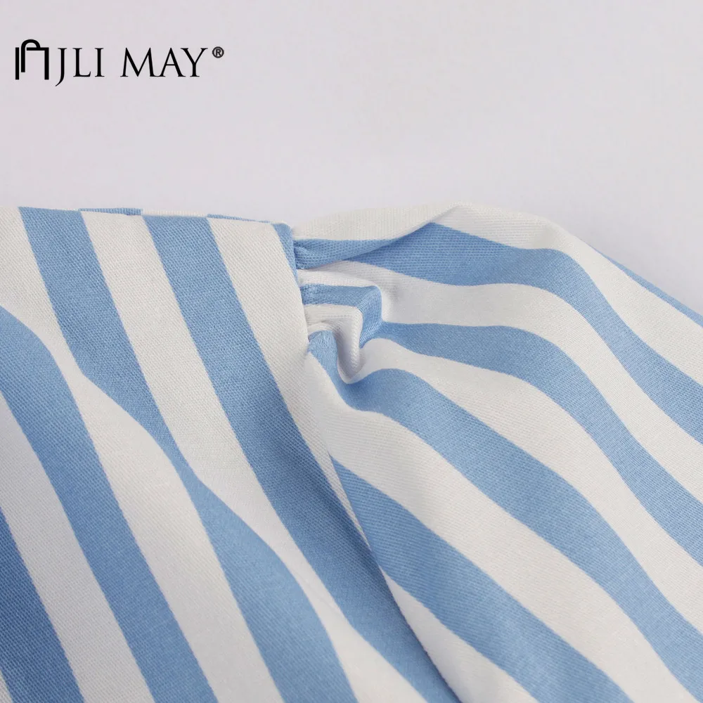 

JLI MAY Women Striped Dresses Bow Bandage Turn-down Collar Short Sleeve Empire A-Line Slim Office Lady Midi Dress