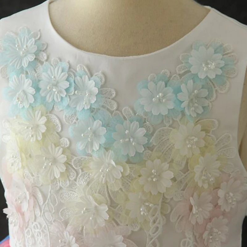 

Flower Girls Dresses Illusion O-Neck Sleeveless Tulle Lace Appliques Pearls Embroidery Knee-Length Kids Party Princess Gown F396