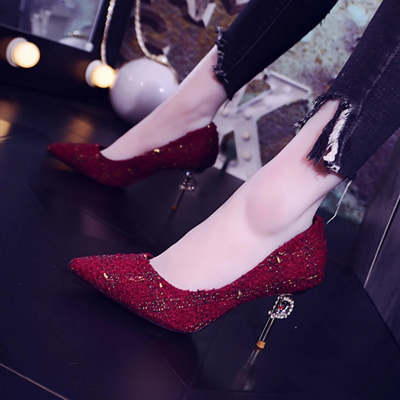 Туфли-лодочки Женская свадебная обувь Пикантная на высоком каблуке 8 см со