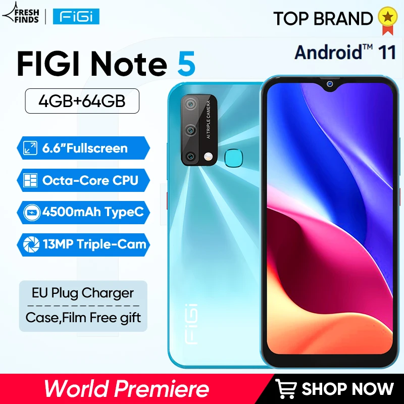 

[World Premiere] FIGI Note 5 Smartphones Octa Core CPU 4500mAh Type-C Charger 6.6" Fullscreen 4GB RAM 64GB ROM unlock Android 11