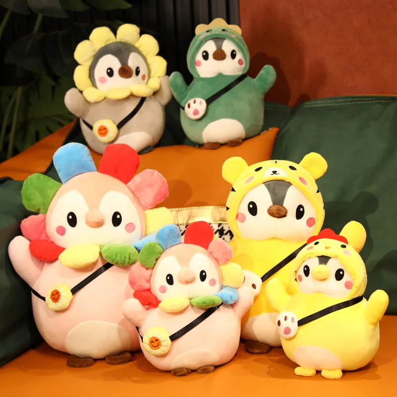 

25/35cm Cute Sunflower Penguin Plush Toys Kawaii Penguin Turn to Dinosaur Chicken Tiger Plushie Pillow Lovely Dolls for Girl