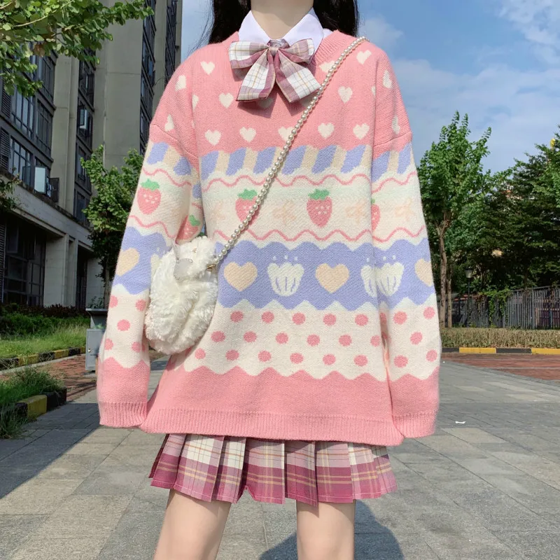 

Autumn Winter Women Sweater Sweet Kawaii Ulzzang Strawberry Stripe Japanese Loose Sweater Female Pullover Harajuku Tops 2021 New