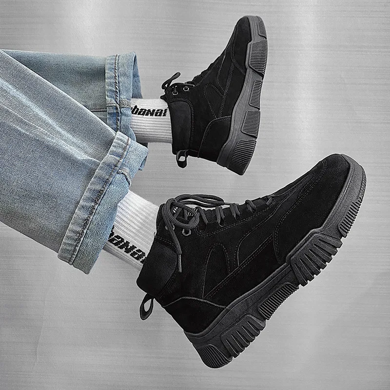 

Thicksoled Boots Hightop Plus Velvet Warm Men Nude Boots Low Heeled Tooling Boots Winter Round Suede Solid Color Casual