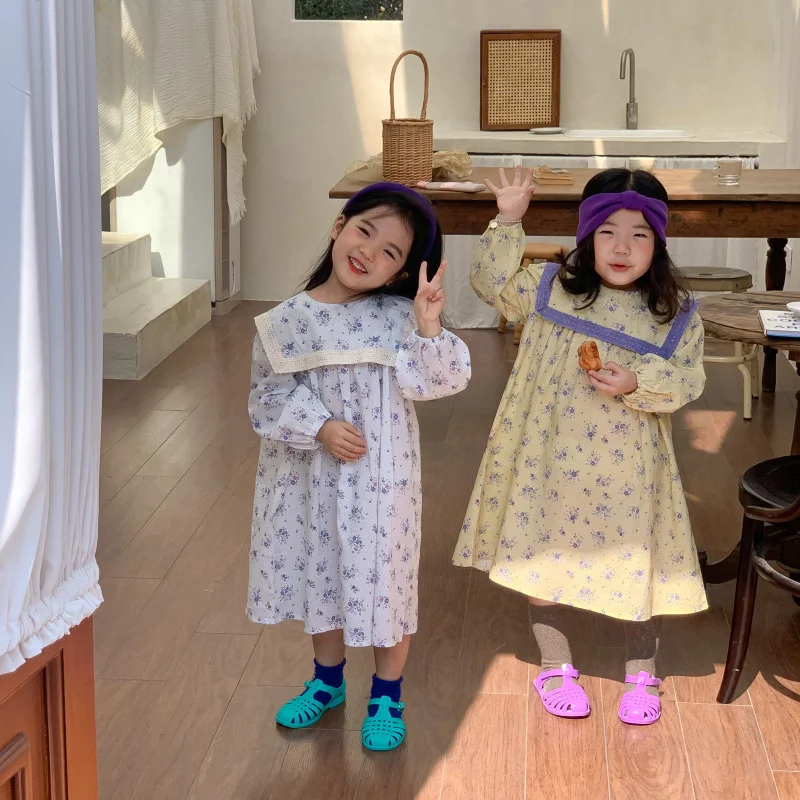 Корейское платье для девочек с разбитыми цветами, весна-осень 2022, детская одежда, детская юбка принцессы, длинная юбка для девочек