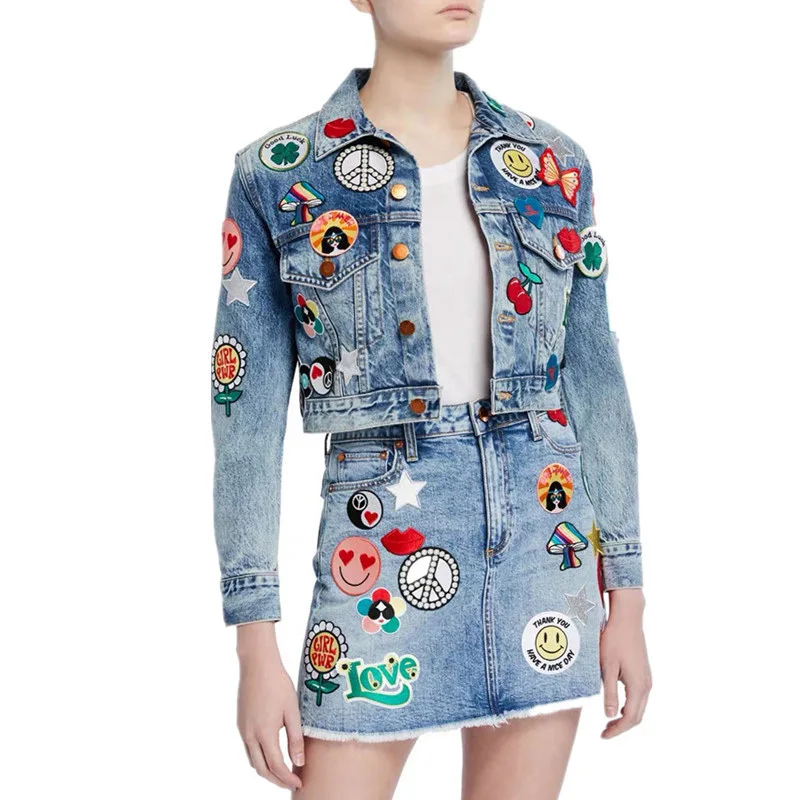 2019 высококачественный Джинсовый комплект из 2 предметов однобортный укороченный