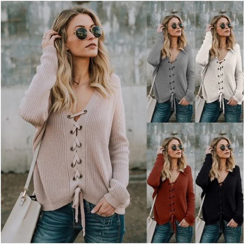 Женский свитер с глубоким V-образным вырезом и длинным рукавом | Женская одежда