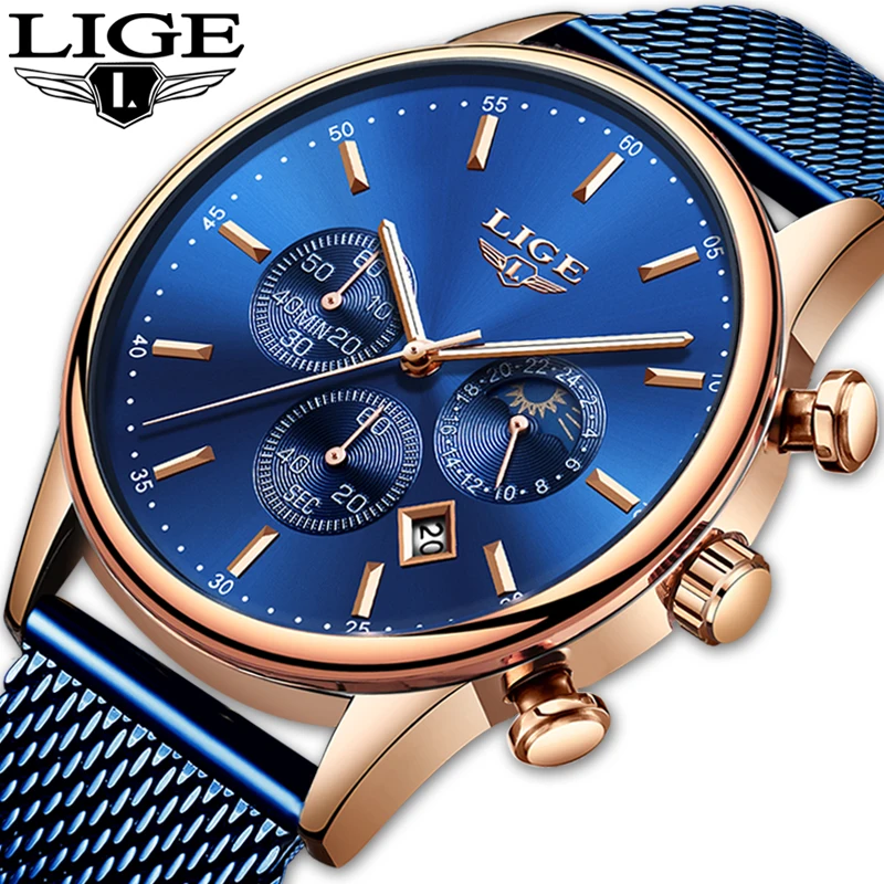 Relogio Masculino 2019 LIGE Роскошные Кварцевые часы для мужчин синий циферблат спортивные