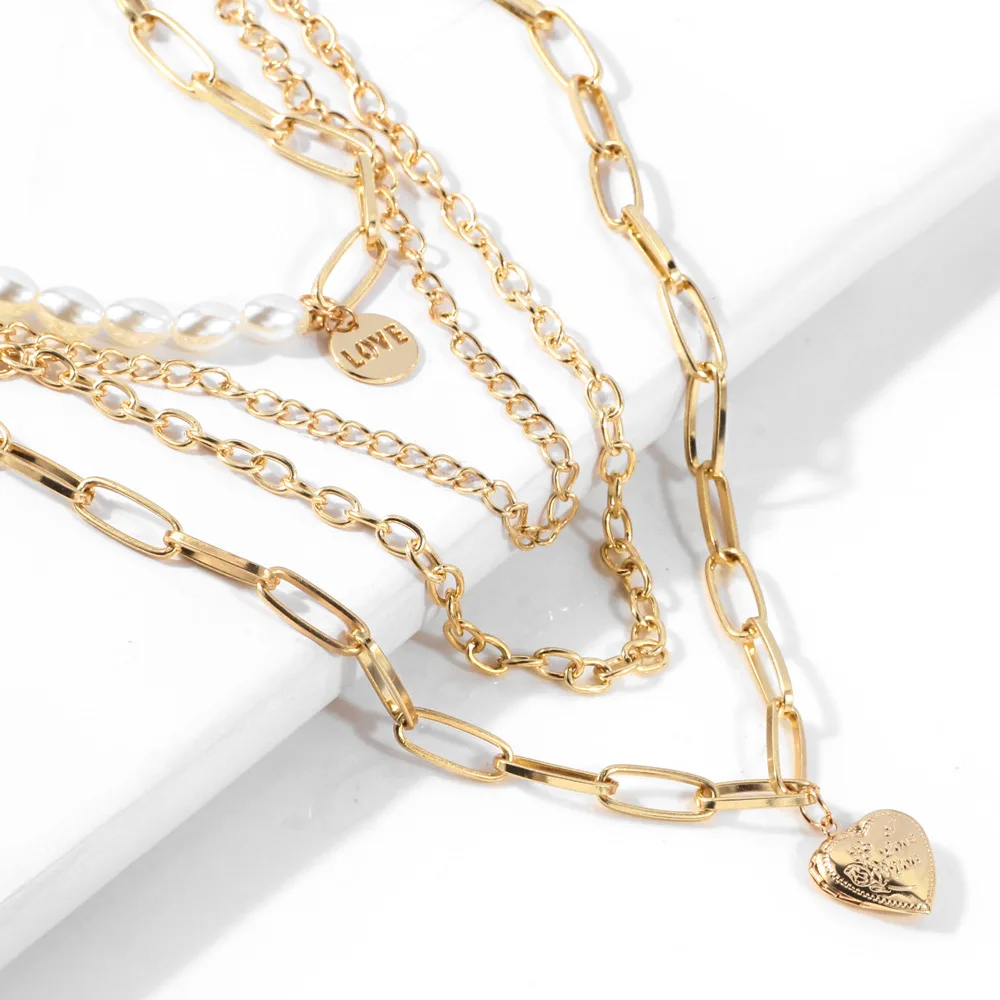 

Fashion Pearl Peach Heart Necklace Womens Popular Copper Multilayer Sweater Chain Layered Love Gold Necklaces Jewelry For Girls
