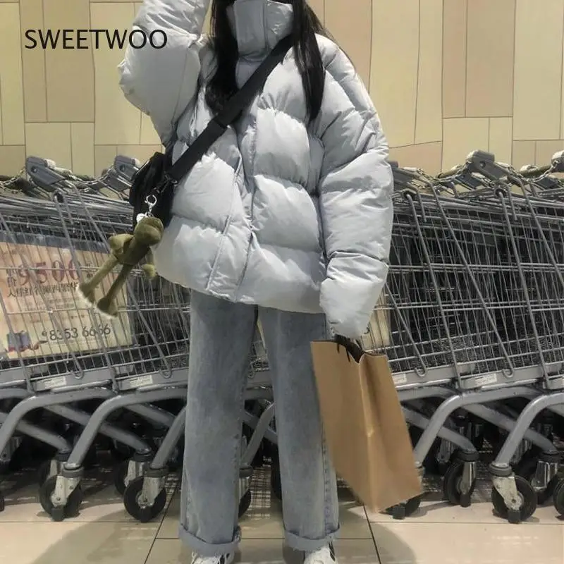 Winter Jacket Women Short Korean Loose Bread 2021 New Loose Solid Black Warm Streetwear Fashion Concealed Buckle Bubble Coat