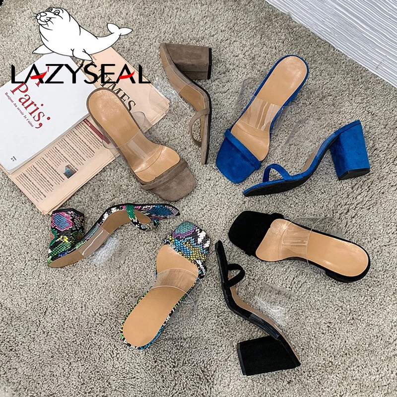 Женские туфли LazySeal на высоком квадратном каблуке 8 см женские шлепанцы с змеиным