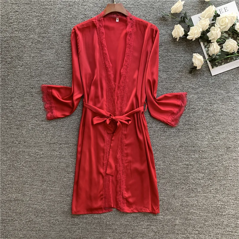 

Solid Kimono Bathrobe Gown Lady Summer Sexy V-neck Lace Trim Nightgown Bride Bridesmaid Wedding Robe Satin Casual Home Dress
