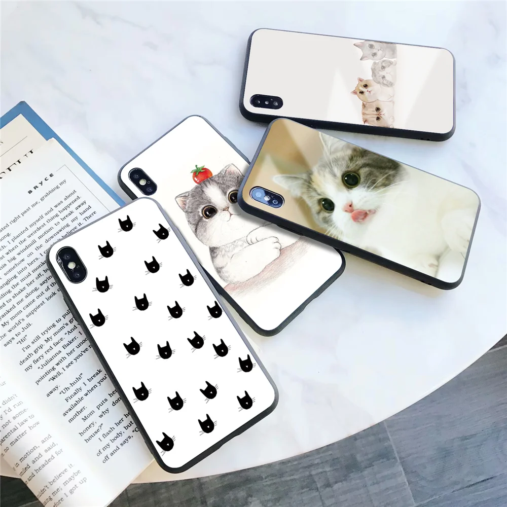 Забавная Милая задняя крышка с изображением кота для iphone XS Max XR X 5 5S 6 6S 7 8 Plus 11 Pro Max, милые чехлы из закаленного стекла