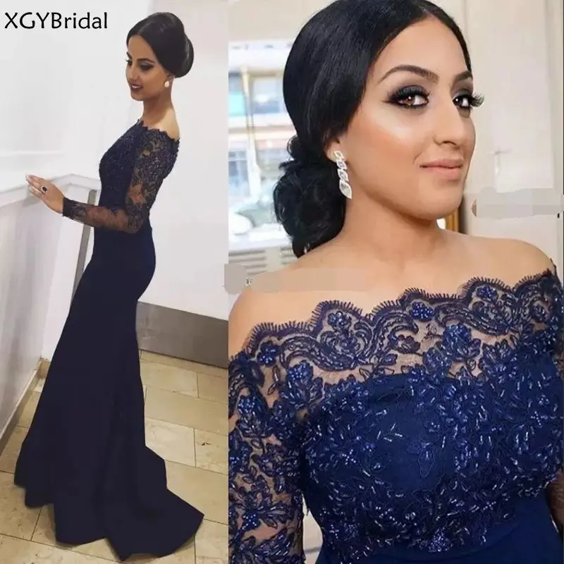 

New Arrival Off Shoulder Formal Evening Dress 2021 Appliques Beaded Mermaid Long Sleeve Prom Gown Vestido robe de soiree