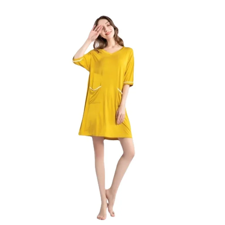 Nightdress Women's Modal Home V-neck Short Sleeve Lady Nightgown Medium Length Dress Leisure Fashion Dress Female Sleepwear