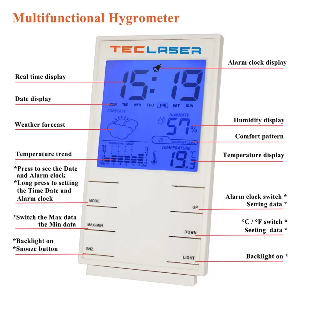 Цифровой термометр с гигрометром TECLASER часы для помещений метеостанция прогноз