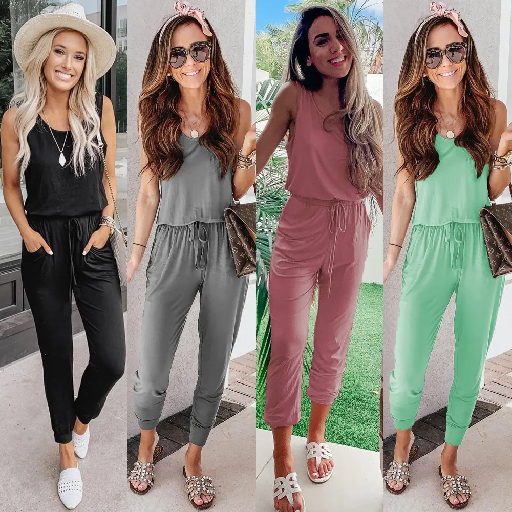 

4-color 2021 Summer Sexy Strap Open Back Pocket Women's Jumpsuit
