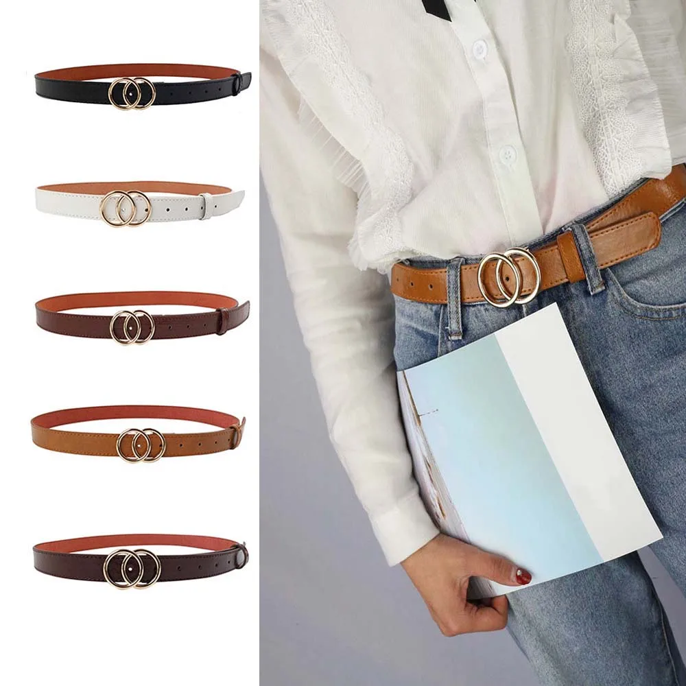 

Soft Faux Leather Women Belt Fashion Double Ring Metal Buckle Fashion Adjustable Belt Retro Punk Ladies Dress Jeans Student Belt