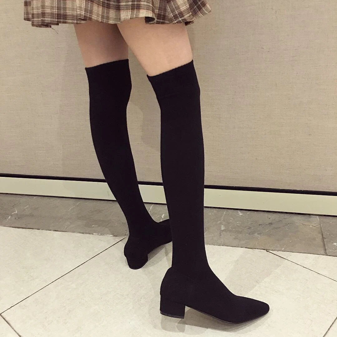 

Sexy Pointed Solid Color Stretch Fabric Women Over The Knee Socks Boots Punk Style Autumn Winter Boots Low Heel Slim Woman Shoes