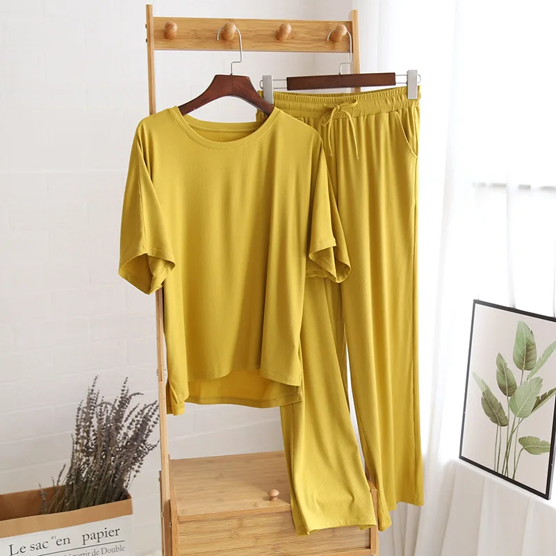 

Modal Solid Pajama Set Summer Women Simple Sleepwear O Neck Pullover Nightwear Suit Ladies Plus Size Short-Sleeve Pants 2 Piece