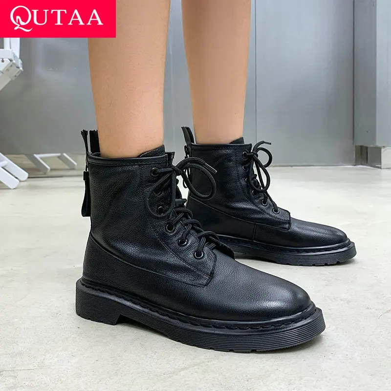 

QUTAA 2022 Women Ankle Boots Black Elegant Women Shoes Platform Leather Square Med Heel Winter Shoes Women Boots Big Size 34-42