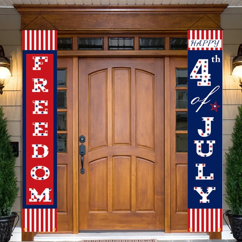 

1 Pair 4th of July Porch Sign Patriotic Door Curtain Decoration Independence Day Flag Hanning Banner Party Supplies for Yard