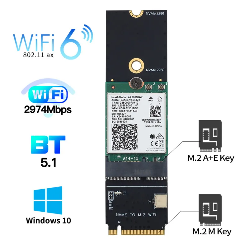 Карта переходника AX200 AX200NGW на M.2 Key M 3000 Мбит/с 802.11ax для беспроводной сетевой карты