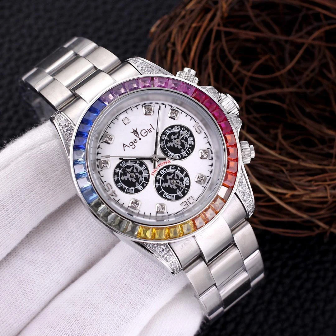 

ClassicNew Men Automatic Mechanical Rainbow Diamonds Bezel Stainless Steel Rose Gold Black White Classic Sport Watch AAA+
