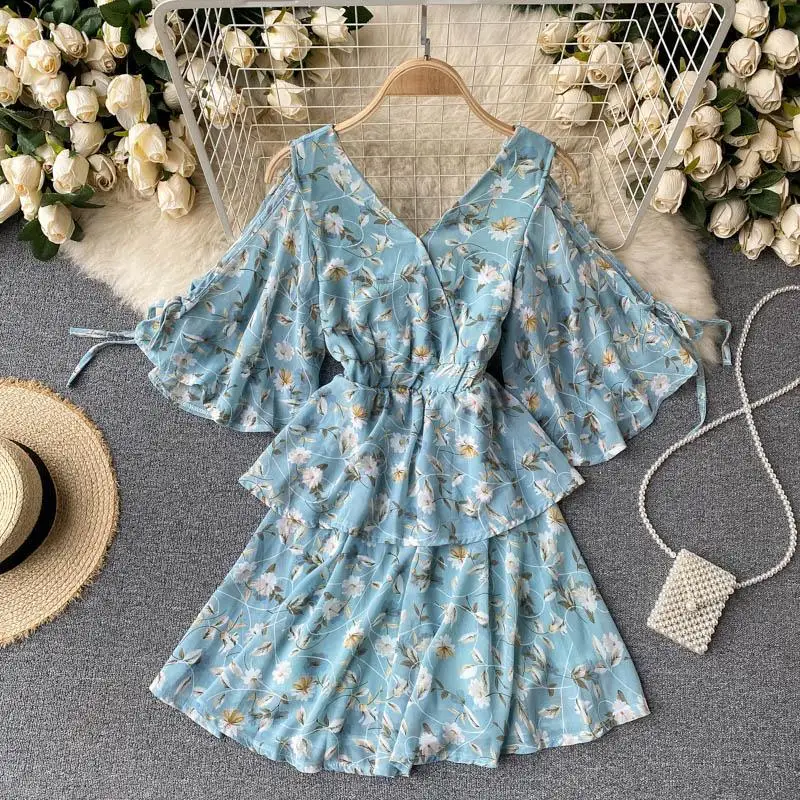 

Summer women's printed Ruffle A-line mini dress 2021 women's V-neck off shoulder trumpet sleeve high waist casual Street dress