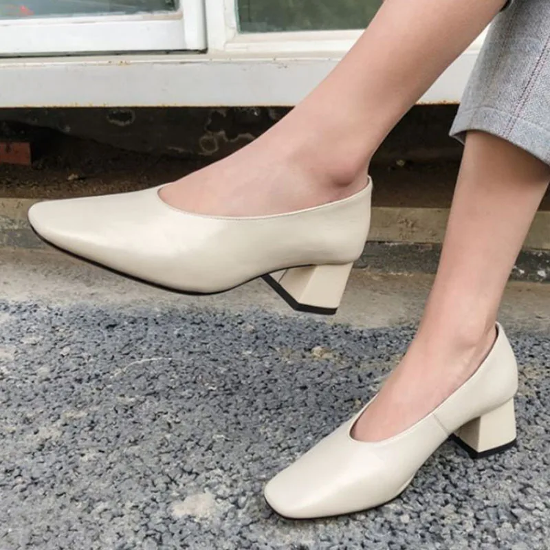 Taoffen Women Real Leather Pumps Chunky Heels Party Office Shoes Woman Slip On Classics Ladies Footwear Size 34-39 | Обувь