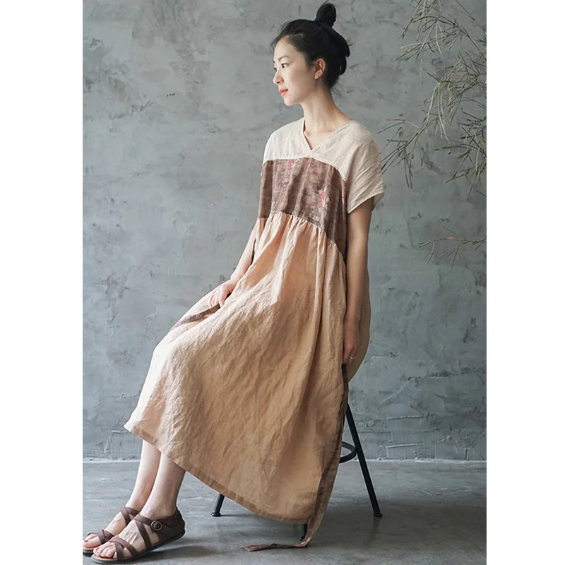 

SCUWLINEN Vestidos 2022 Summer New Women Dress Vintage Patchwork V-neck Short-sleeve Drawstring Long A-line Ramie Dress P244