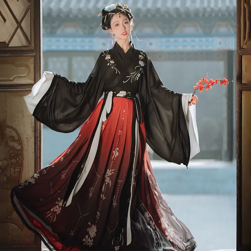 

Black Ancient Chinese Costume Hanfu Dress Women Wei Jin Dynasty Elegant Embroidery Floral Blue Gradient Vestidos Folk Dance Set