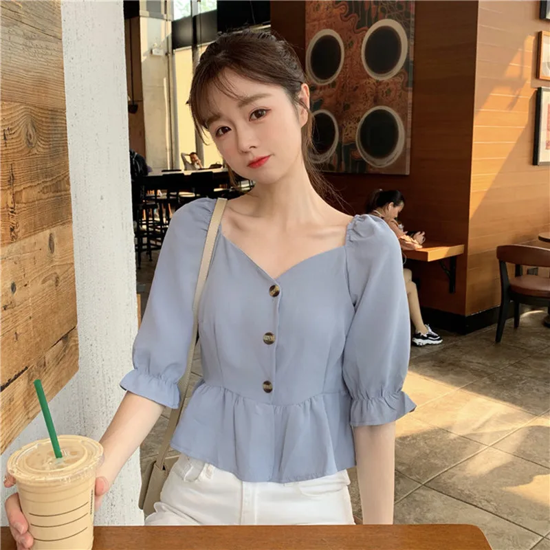 

KUSAHIKI Ruffle Short Women Shirt Square Collar Puff Short Sleeve Blouses 2021 Spring New Sweet Blusas Ropa De Mujer 6F100