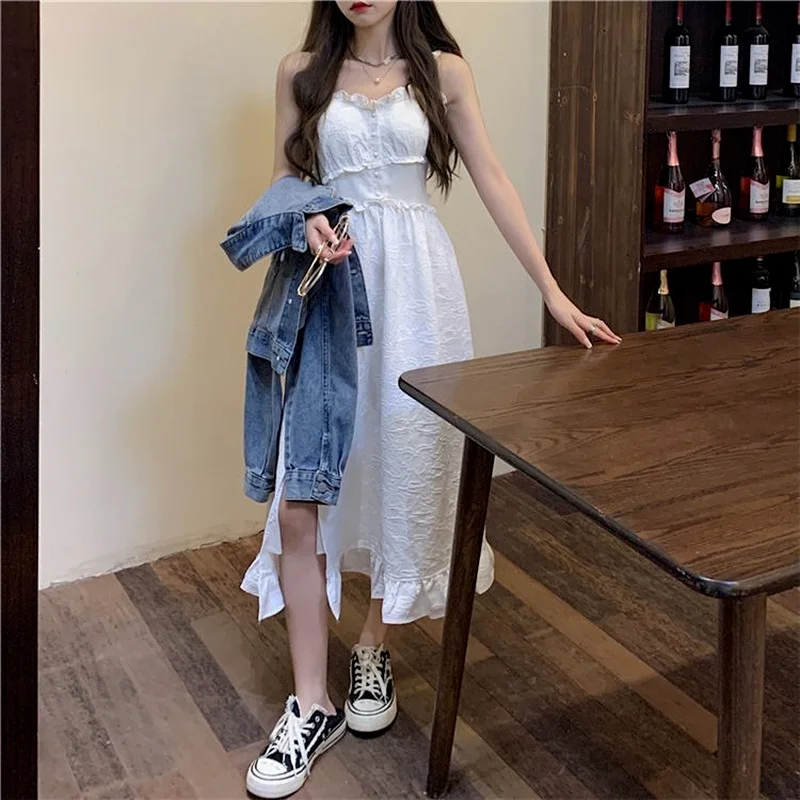 

Fashion White Maxi Dress for Women Spring and Autumn Robes Casual Fairy Strap Tank Lace Lolita Cottagecore Elegant Y2k Sundress