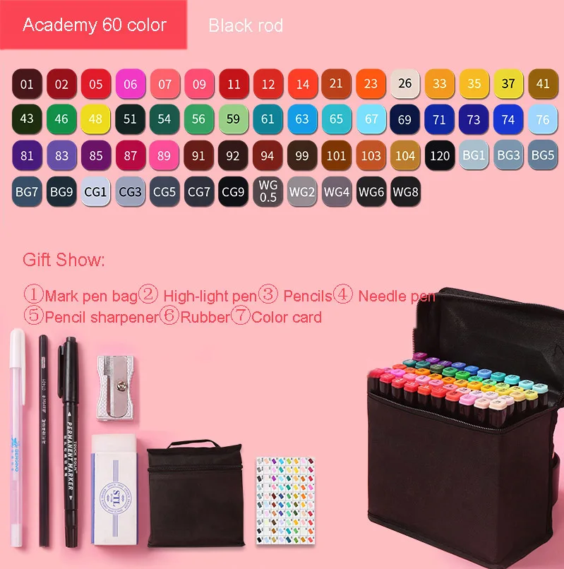 Markers brush Pen Set authentic student double-headed beginner 30/40/60/80 colors oil alcohol painting marker art supplies - Цвет: currency60 black rod