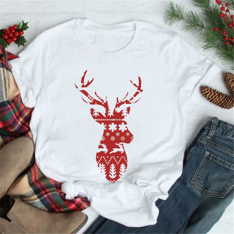 

Ladies Happy Holidays Christmas Christmas Deer Cute T-shirt New Year Clothes Graphic T-shirt Happy Cartoon Holiday Top Female T-