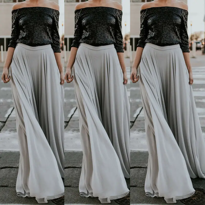 

Vogue Solid Women Autumn Boho Chiffon High Waist Long Skirts Lady Beach Casual Sundress Skirt