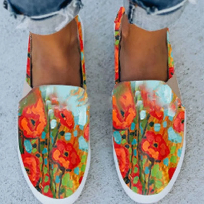 

2021 Women Flats Summer Casual Shoes Female Printing Slip on Loafers Canvas Sneakers Fashion Mocassin Femme Plus Size 35-43