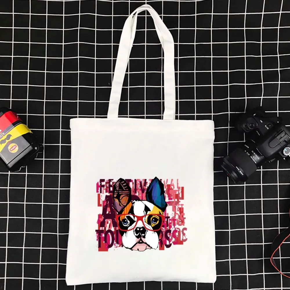 

Reusable Handbags Canvas Tote Bag High Quality Dog Pattern Shopper Handbag Eco-friendly Foldable Large Beach Bag for Towels