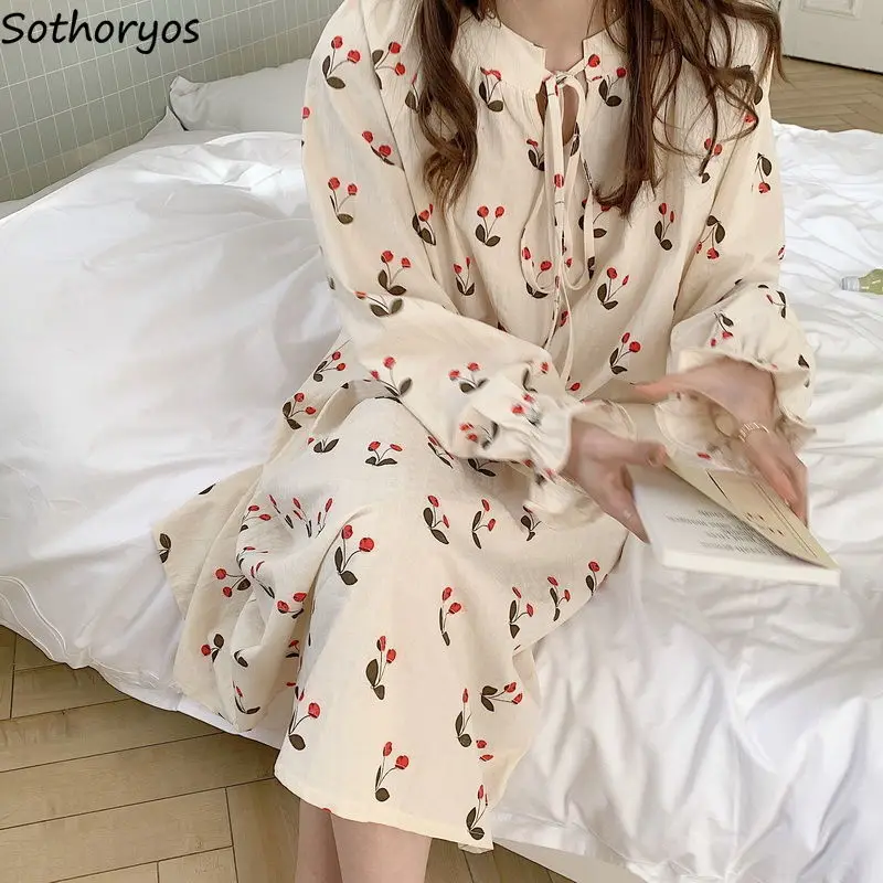 

Sweet Floral Printed Nightgowns Women Autumn Loose O-neck Sleepshirts Nighty Simple Homewear Tender Slouchy A-line Nightdress