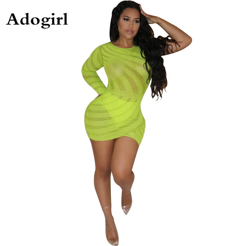 Adogirl ФЛУОРЕСЦЕНТНОЕ зеленое Сетчатое платье с бриллиантами на одно плечо длинным