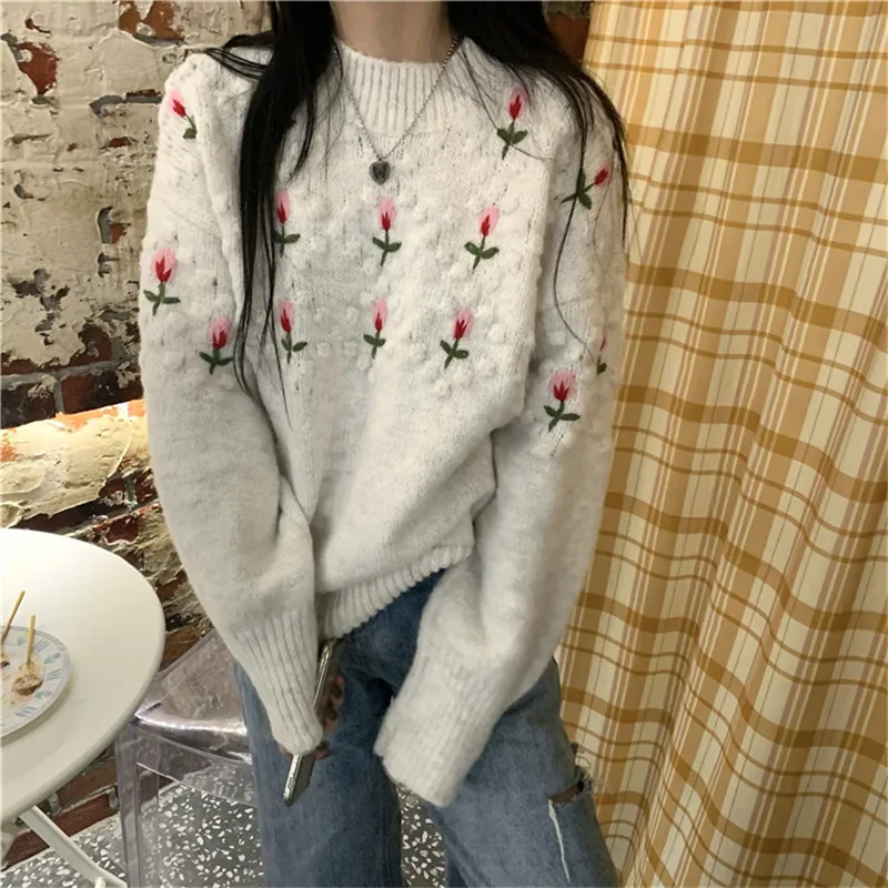 

Hzirip 2021 New Flowers Embroidery Sweater Thick Warm Knitted Pullover Tops Women Korean Style Vintage Outwear Sweaters Female