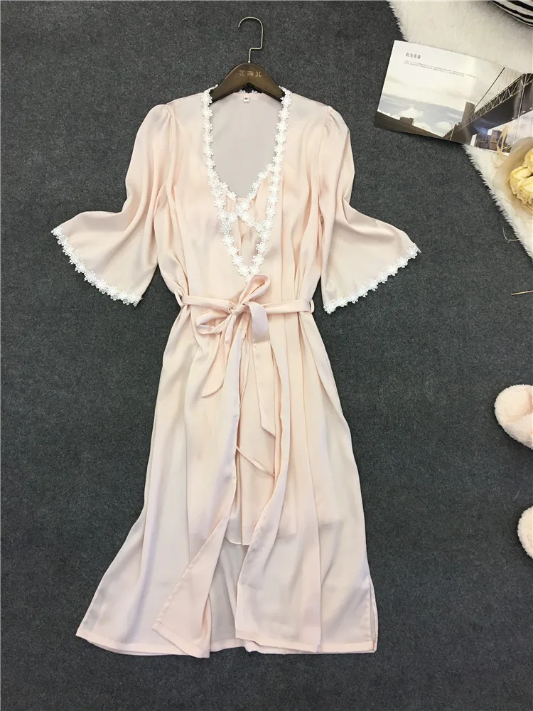 

Spring And Summer Sexy Sling Nightdress Imitation Silk Long Nightgown Two-piece Female Long-sleeved Pajamas With Chest Pad