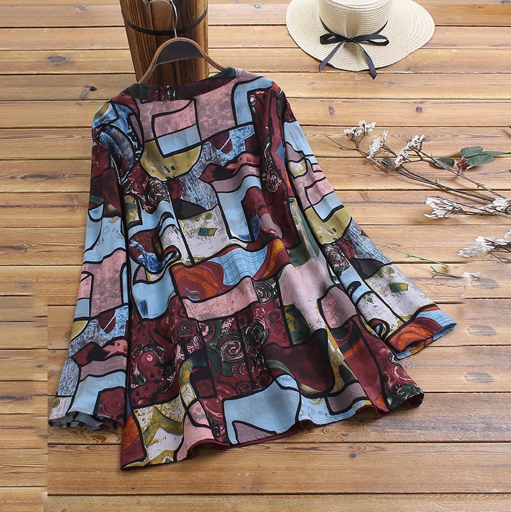 Женская повседневная блузка из хлопка и льна с принтом пуговицами длинным