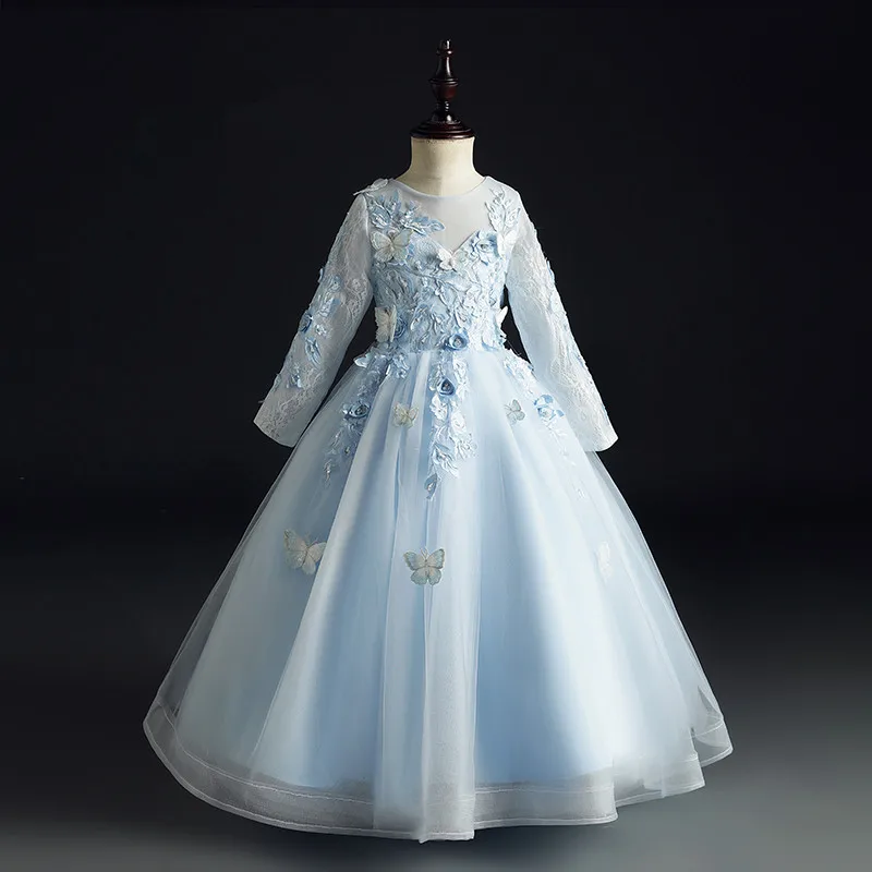 Длинное Тюлевое платье для первого дня рождения кружевное с бабочками маленьких