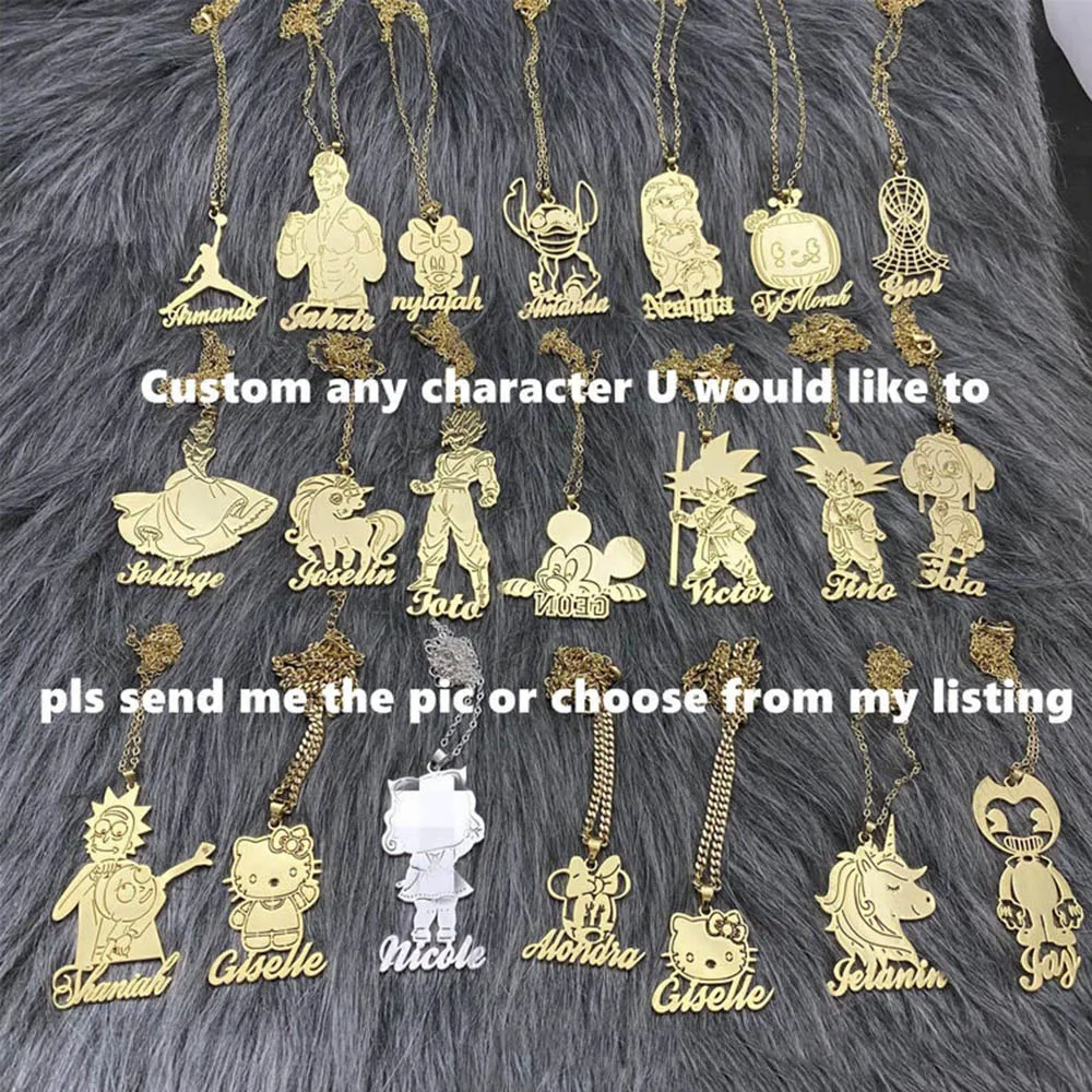 

HUHUI Cute Cartoon Character Pendant Custom Name Necklace Personalised Stainless Steel Chain Child Kids Jewelry Birthday Gift