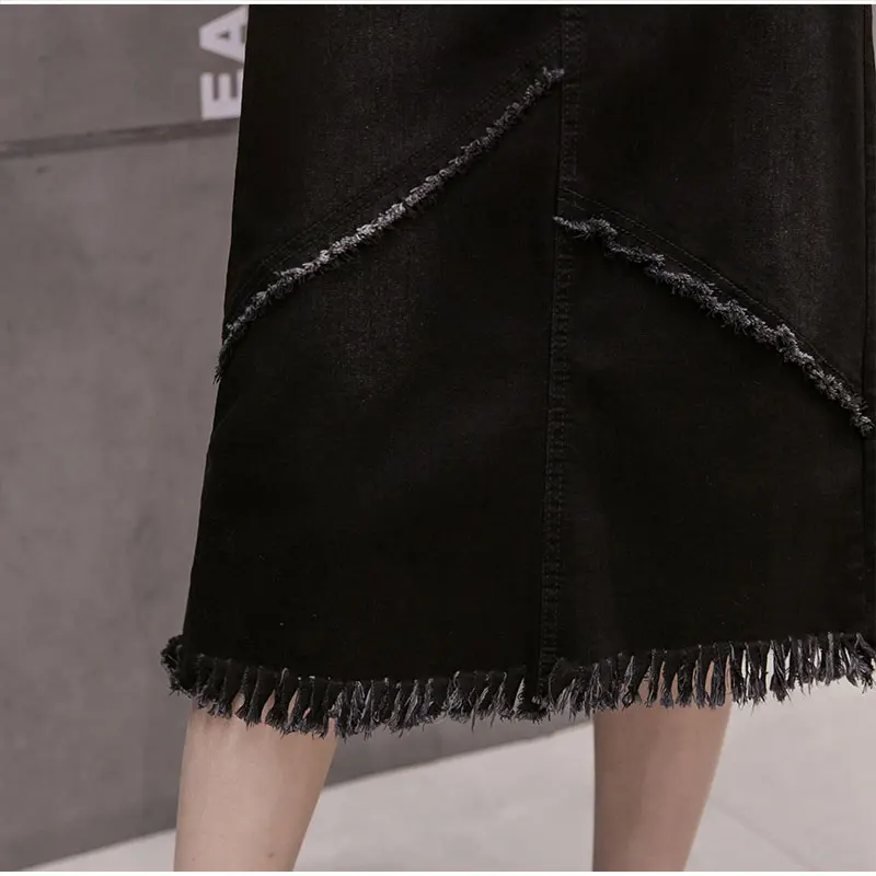 Юбка женская джинсовая асимметричная с бахромой на подоле элегантная длинная